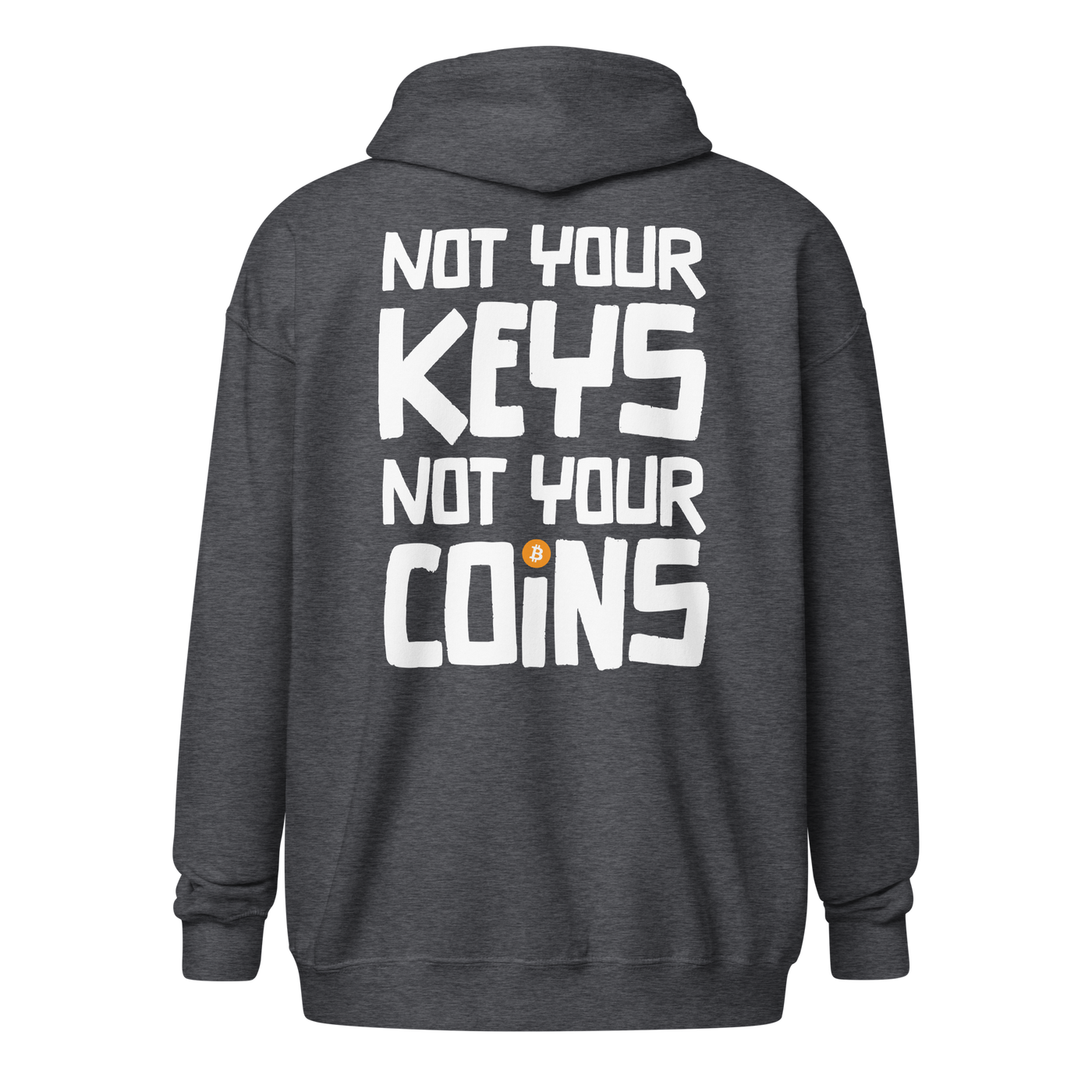 Back view of a dark heather grey colored bitcoin zip hoodie.
