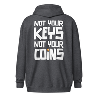 Back view of a dark heather grey colored bitcoin zip hoodie.