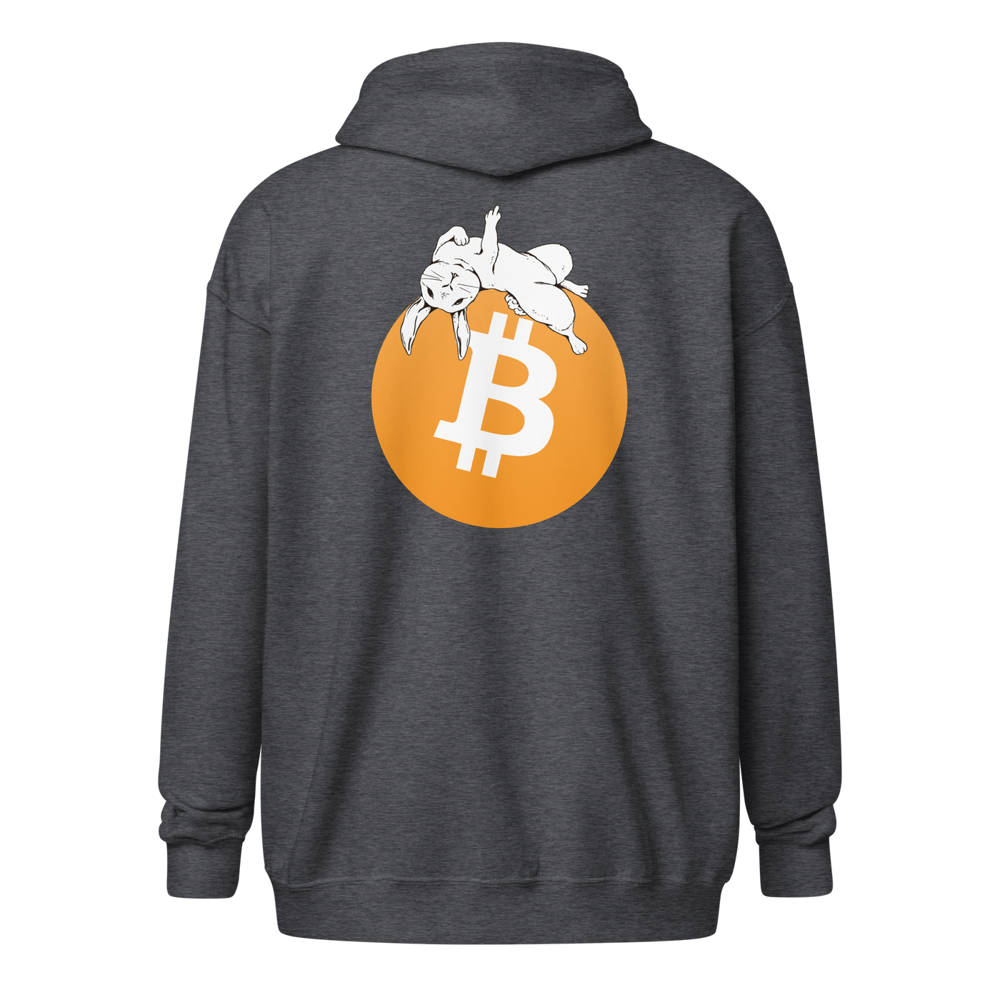 Back view of a dark heather grey colored bitcoin zip hoodie.