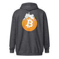 Back view of a dark heather grey colored bitcoin zip hoodie.