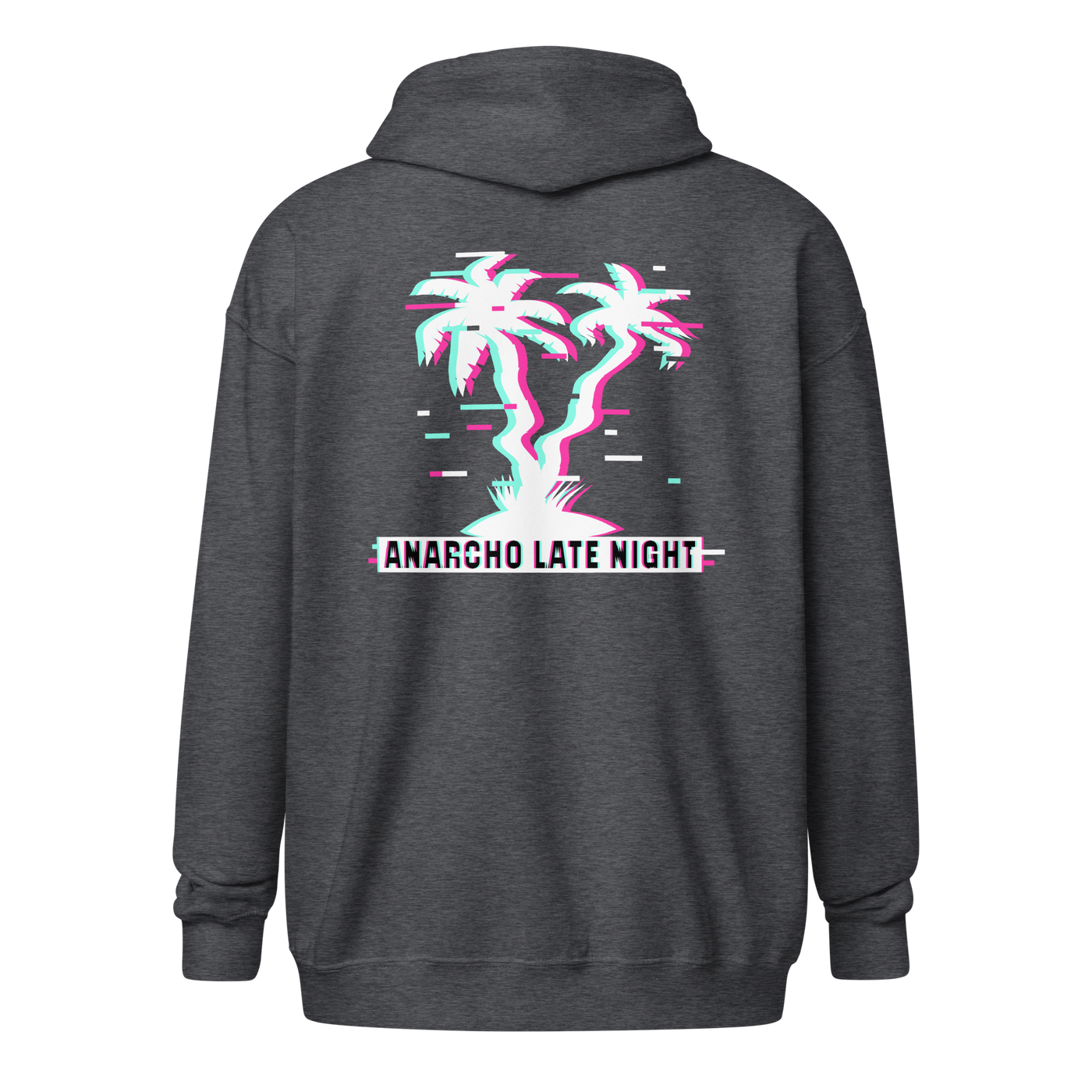 Betrüger anarcho late night heavy blend zip hoodie in Dark Heather, back view.