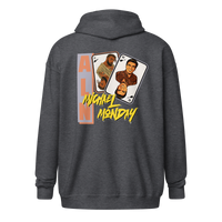 Michael Monday anarcho late night heavy blend zip hoodie in Dark Heather, back view.