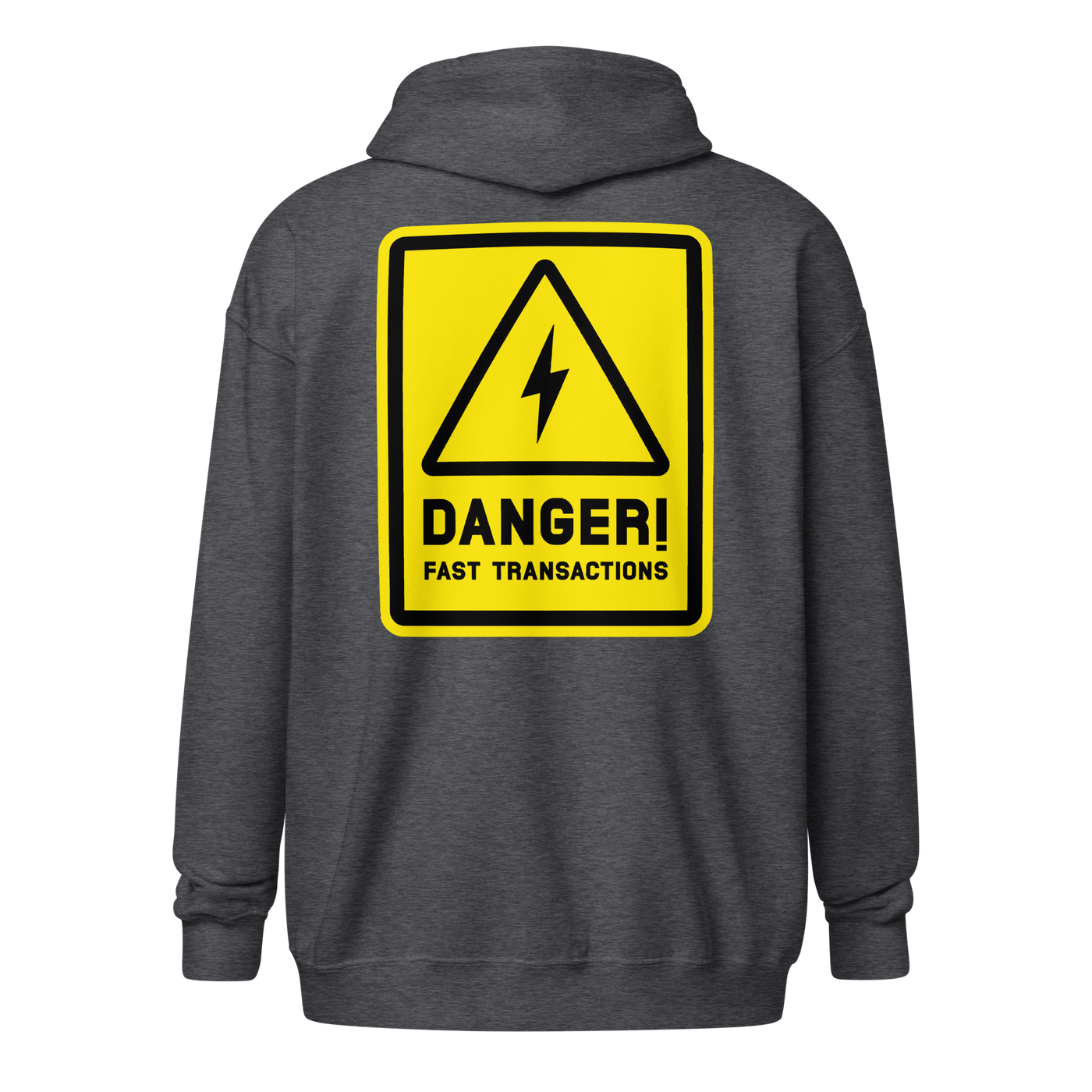 Danger! Fast Transactions heavy blend lightning zip hoodie in Dark Heather, back view.
