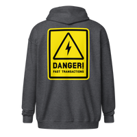 Danger! Fast Transactions heavy blend lightning zip hoodie in Dark Heather, back view.