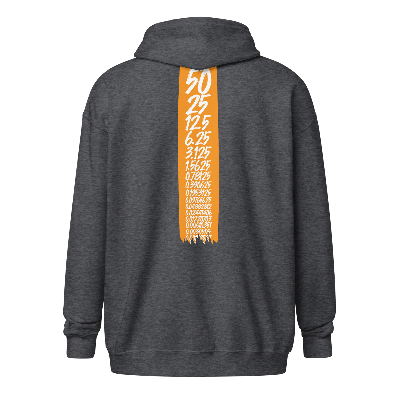 Halving heavy blend bitcoin zip hoodie in Dark Heather, back view.