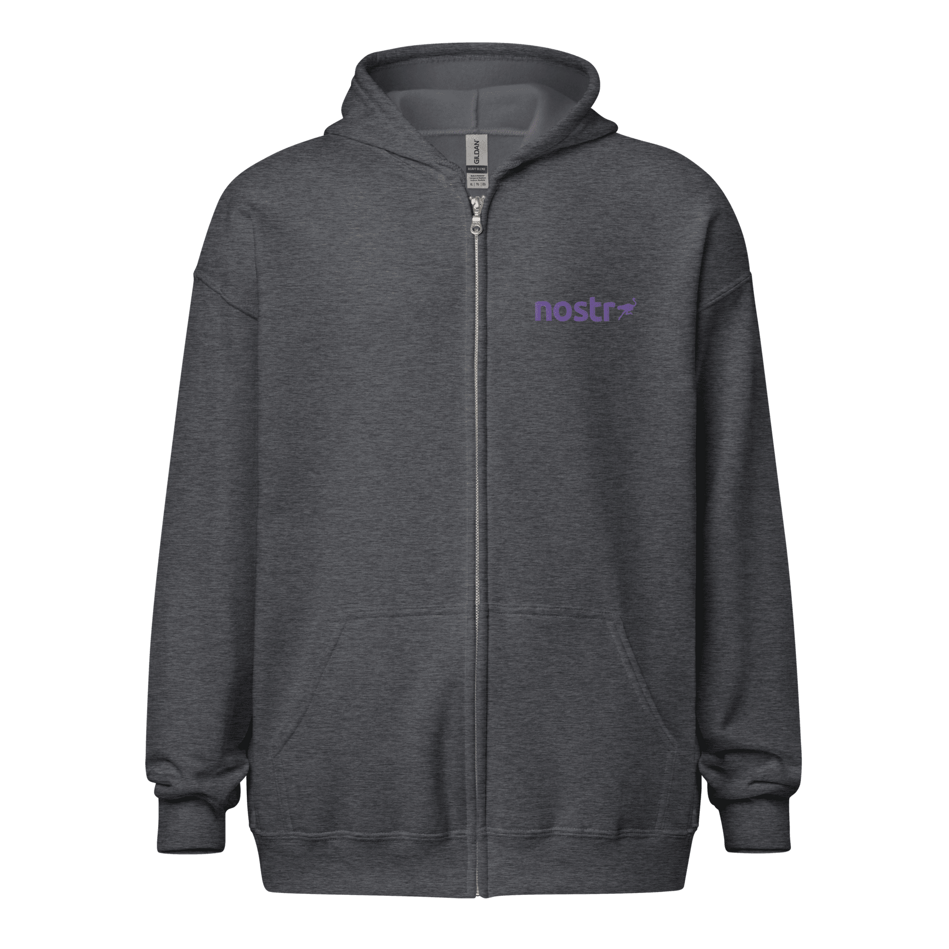 Front view of a dark heather grey embroidered nostr zip hoodie.