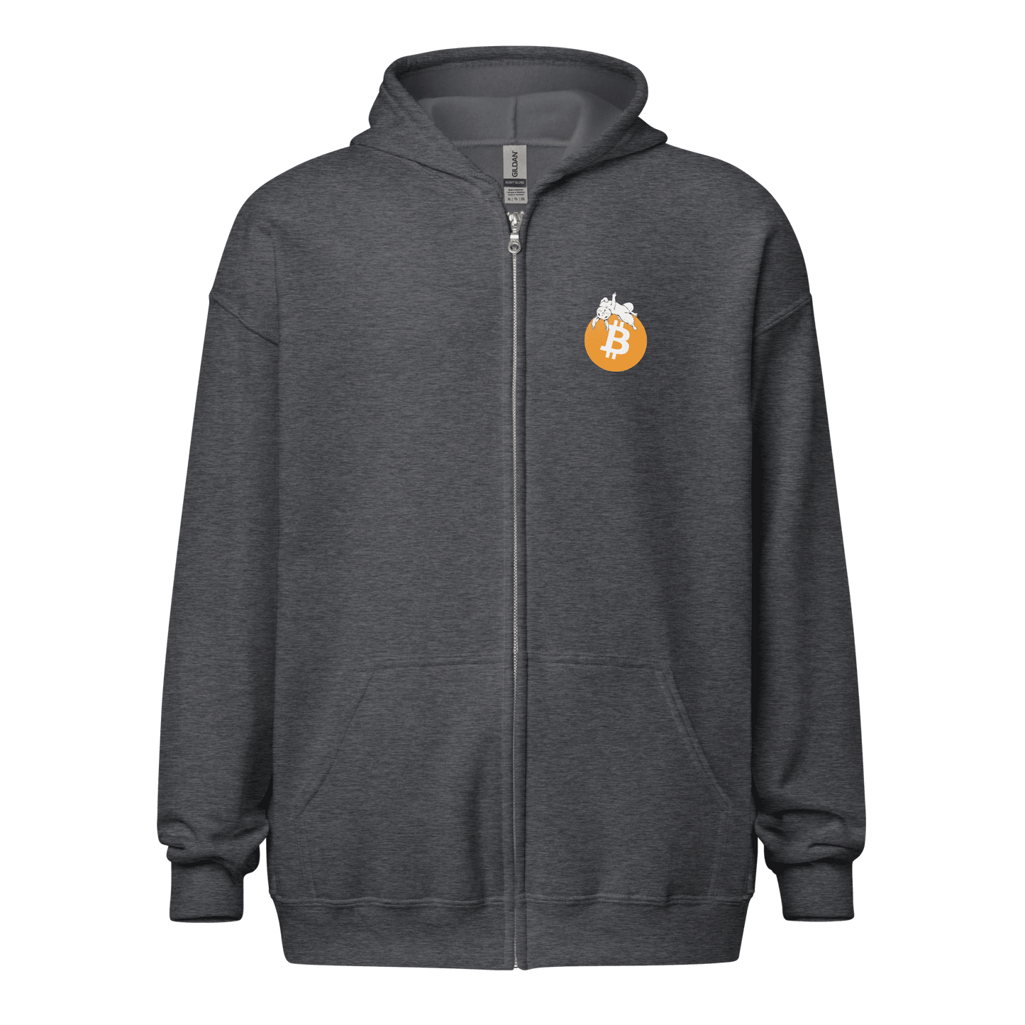 Front view of a dark heather grey colored bitcoin zip hoodie.