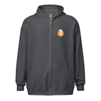 Front view of a dark heather grey colored bitcoin zip hoodie.