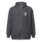 Front view of a dark heather grey colored bitcoin zip hoodie.