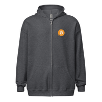 Front view of a dark heather grey colored bitcoin zip hoodie.