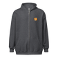 Front view of a dark heather grey colored bitcoin zip hoodie.