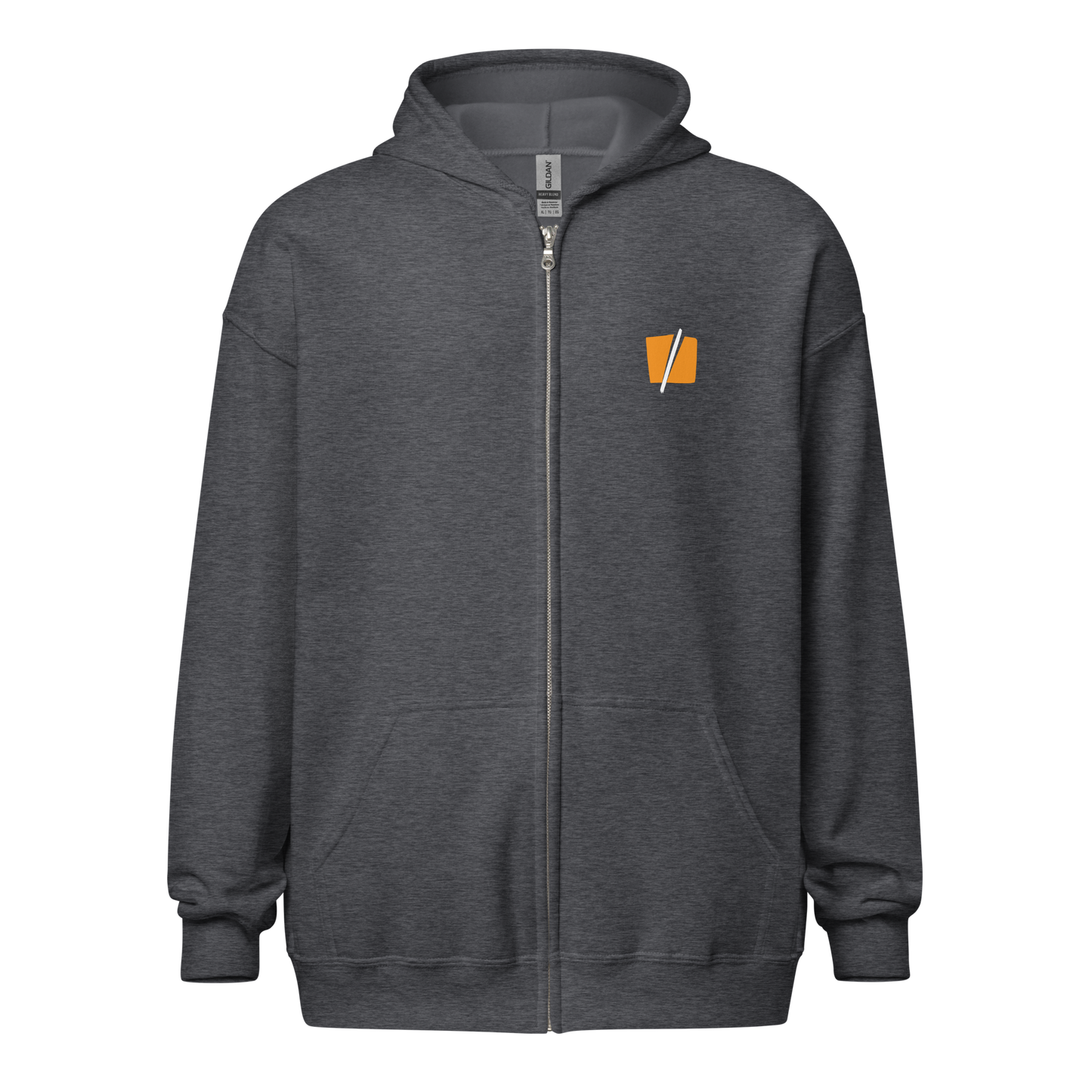 Front view of a dark heather grey colored bitcoin zip hoodie.