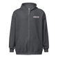 Front view of a dark heather grey colored aln zip hoodie.