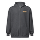 Front view of a dark heather grey colored aln zip hoodie.