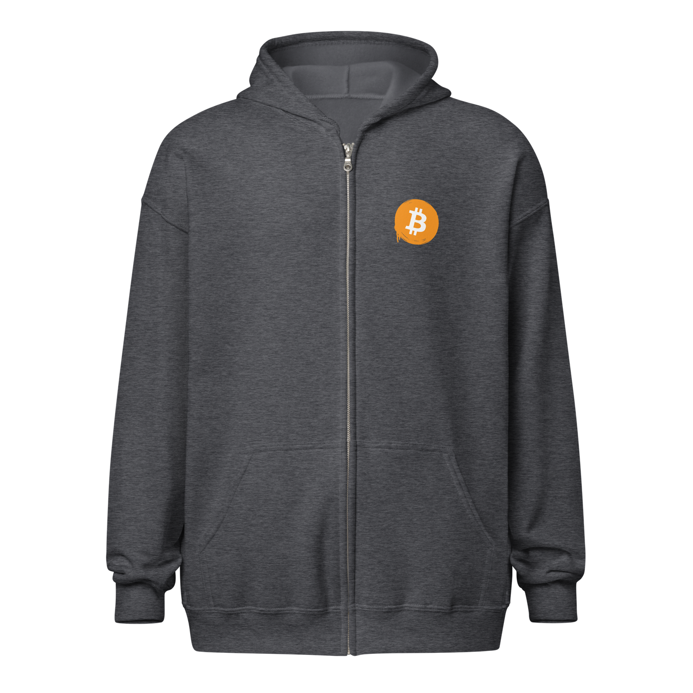 Front view of a dark heather grey colored bitcoin zip hoodie.