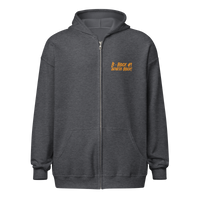 Front view of a dark heather grey colored bitcoin zip hoodie.