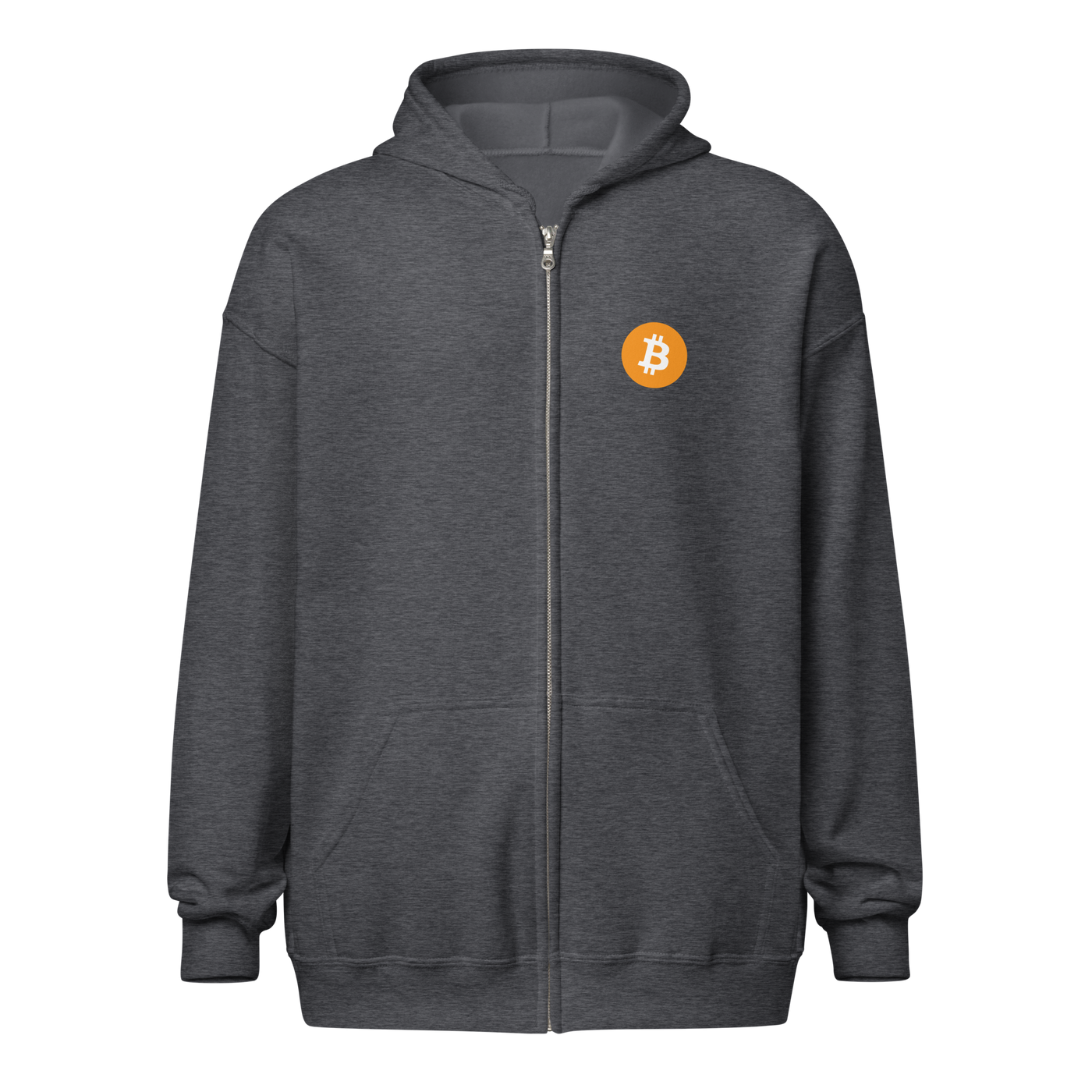 Front view of a dark heather grey colored bitcoin zip hoodie.