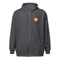Front view of a dark heather grey colored bitcoin zip hoodie.