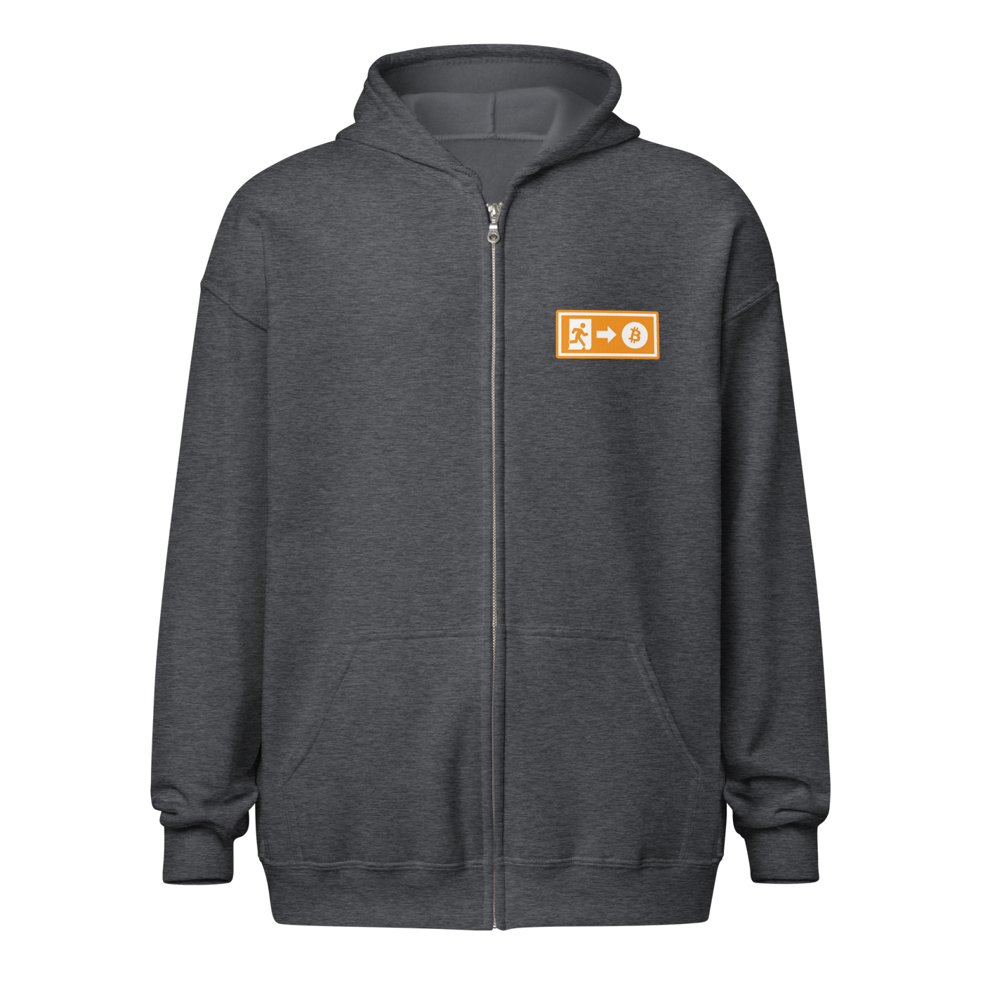 Emergency Exit Bitcoin zip hoodie promoting fairer future and financial freedom