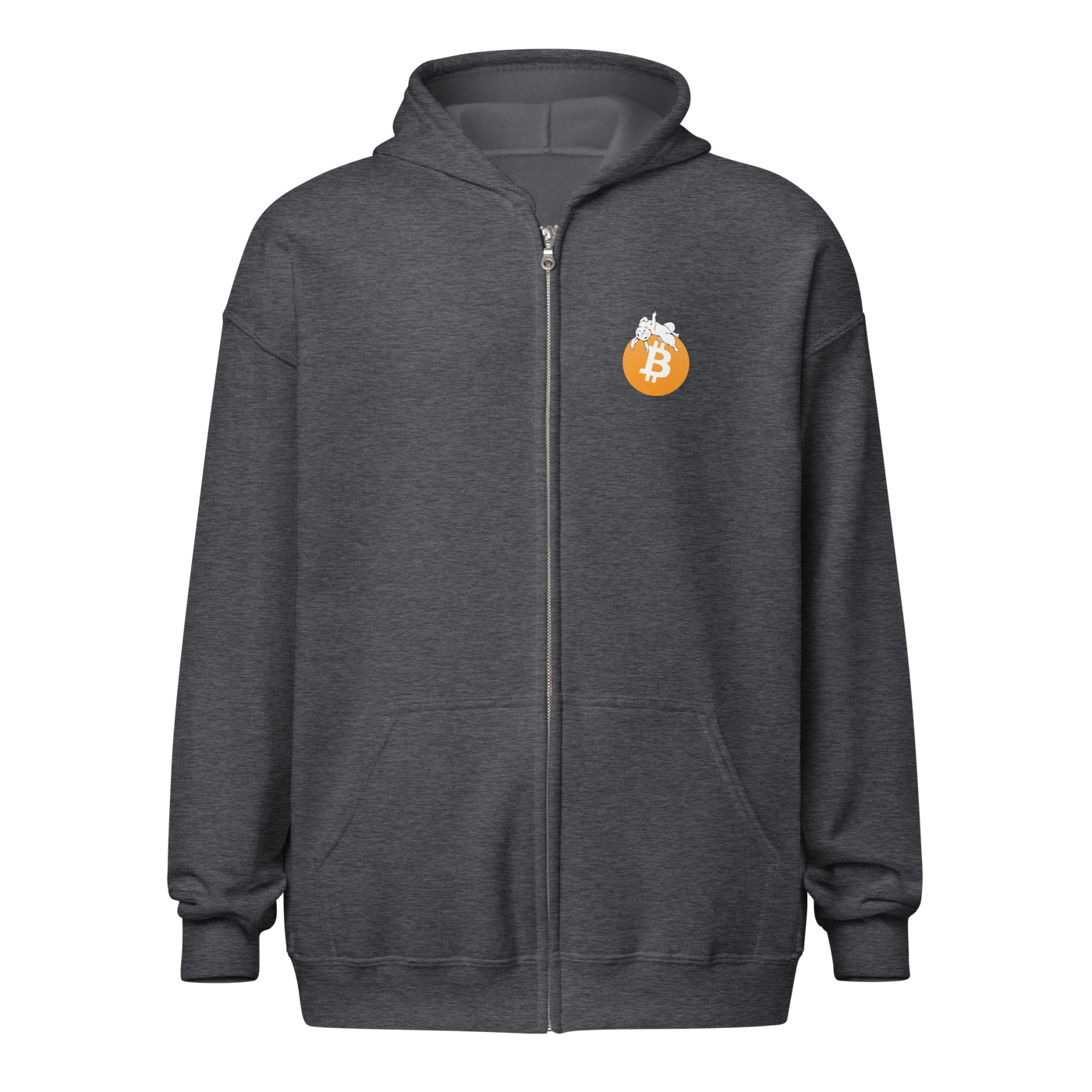 Front view of a dark heather grey colored bitcoin zip hoodie.