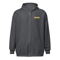 Michael Monday anarcho late night heavy blend zip hoodie in Dark Heather, front view.