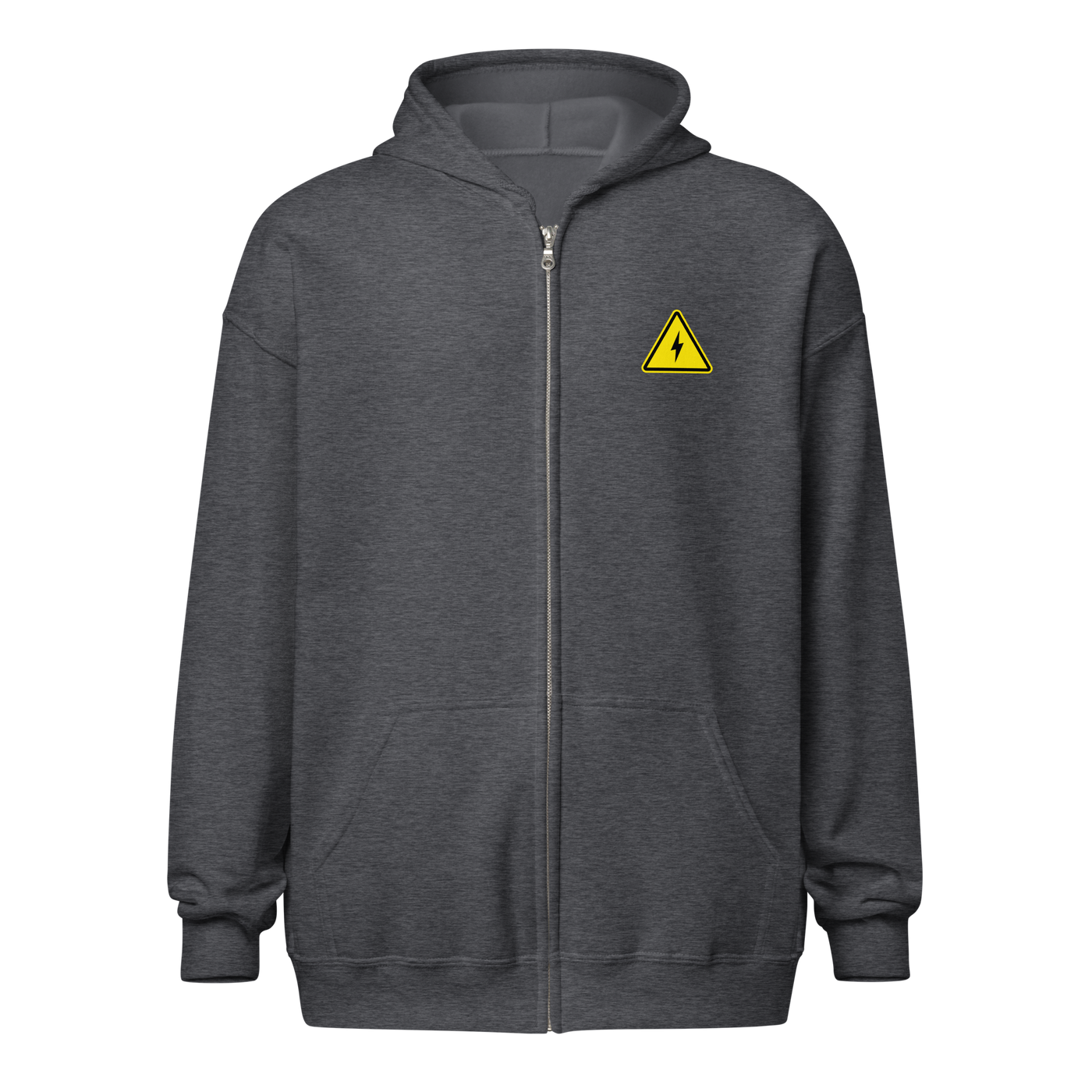 Danger! Fast Transactions heavy blend lightning zip hoodie in Dark Heather, front view.