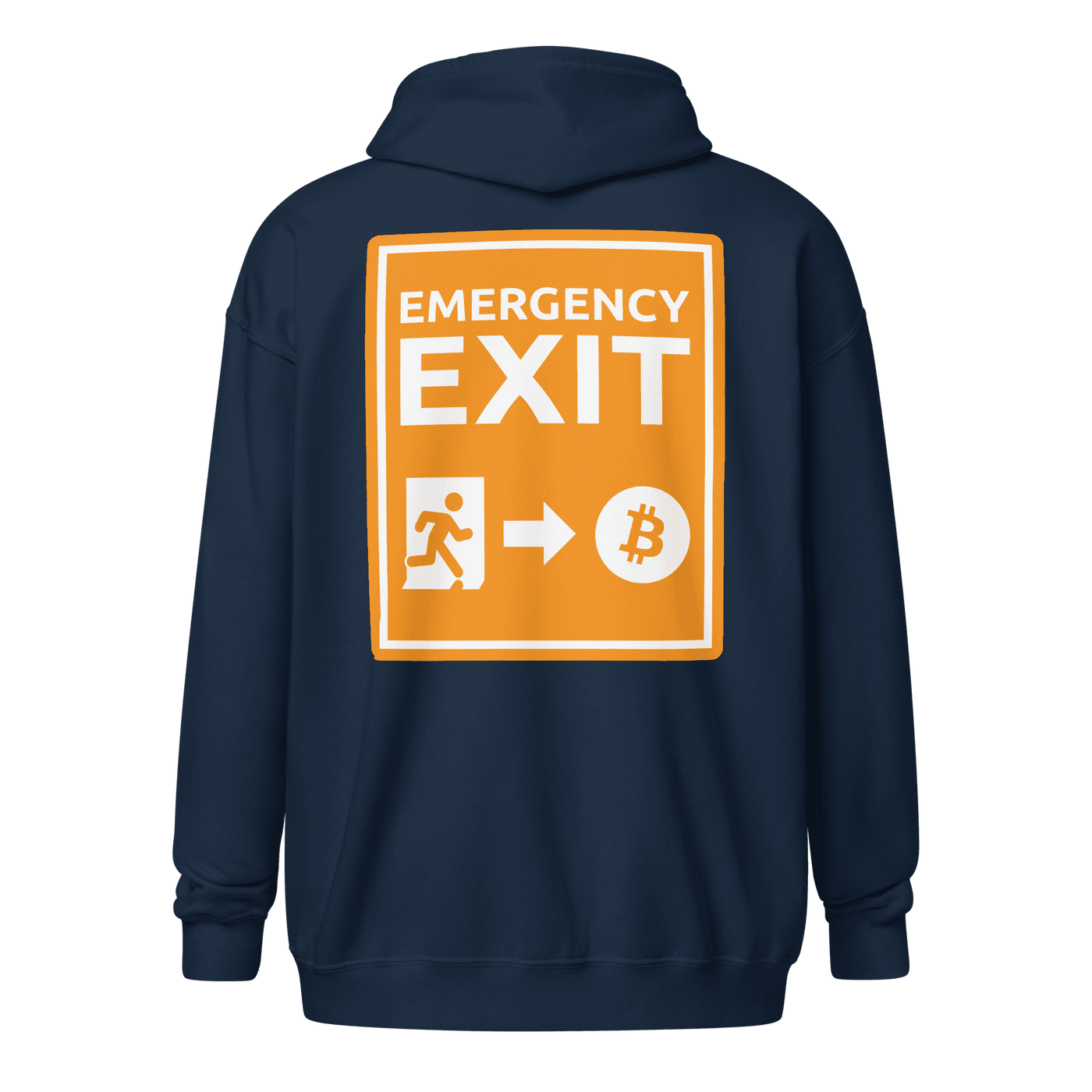 Emergency Exit Bitcoin zip hoodie promoting fairer future