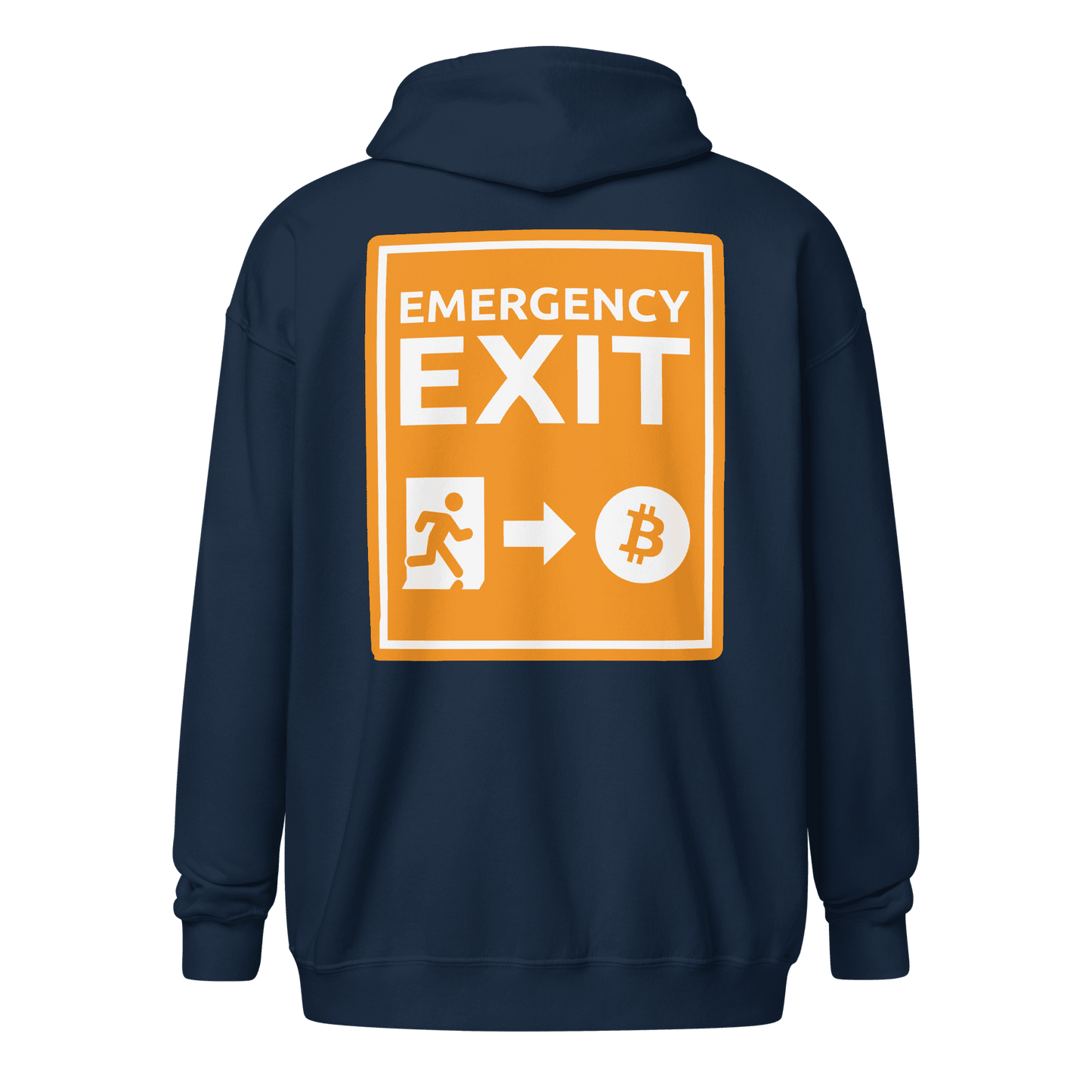 Back view of a navy colored bitcoin zip hoodie.