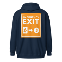 Emergency Exit Bitcoin zip hoodie promoting fairer future