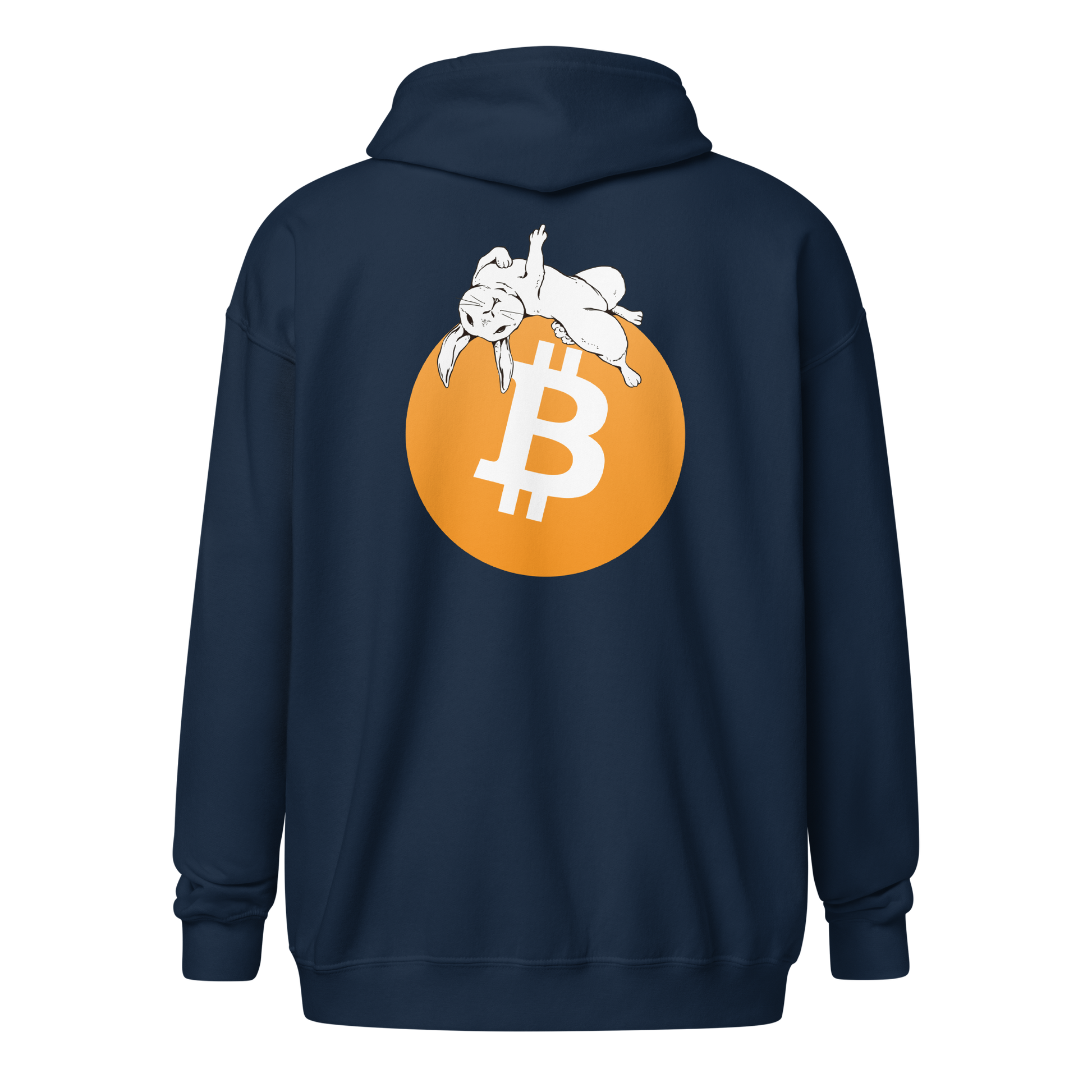Back view of a navy colored bitcoin zip hoodie.