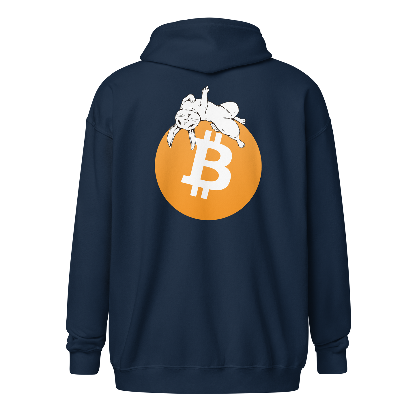 Back view of a navy colored bitcoin zip hoodie.