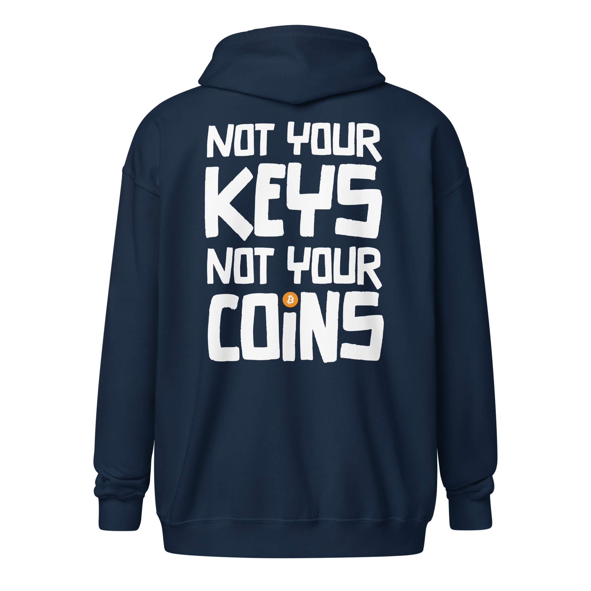 Back view of a navy colored bitcoin zip hoodie.