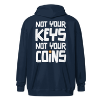 Black zip-up Bitcoin hoodie with "Not Your Keys, Not Your Coins" text promoting crypto security and self-custody