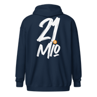 Back view of a navy colored bitcoin zip hoodie.