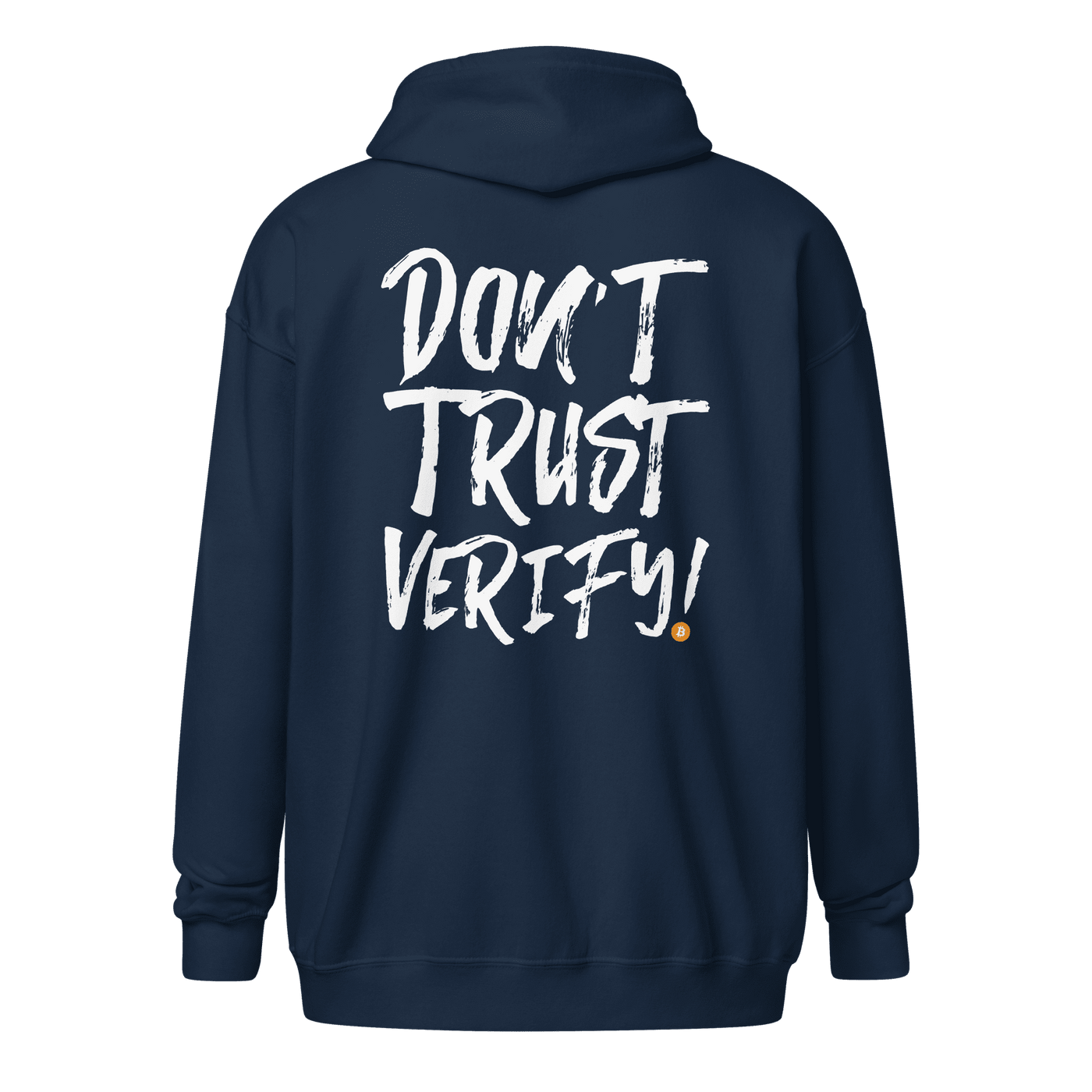 Don’t Trust Verify Bitcoin zip hoodie with bold graphic, cozy fabric, and unisex fit for Bitcoin enthusiasts