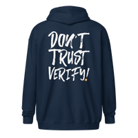 Don’t Trust Verify Bitcoin zip hoodie with bold graphic, cozy fabric, and unisex fit for Bitcoin enthusiasts