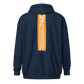 Back view of a navy colored bitcoin zip hoodie.