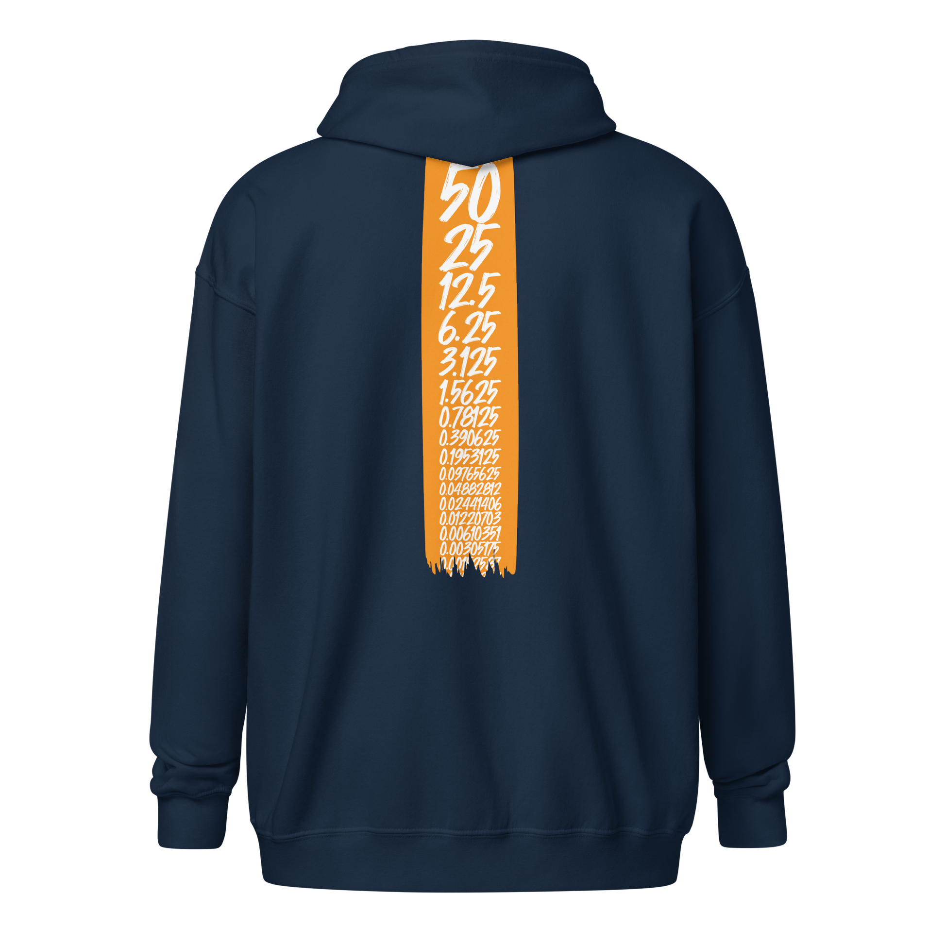 Back view of a navy colored bitcoin zip hoodie.