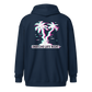 Back view of a navy blue aln zip hoodie.