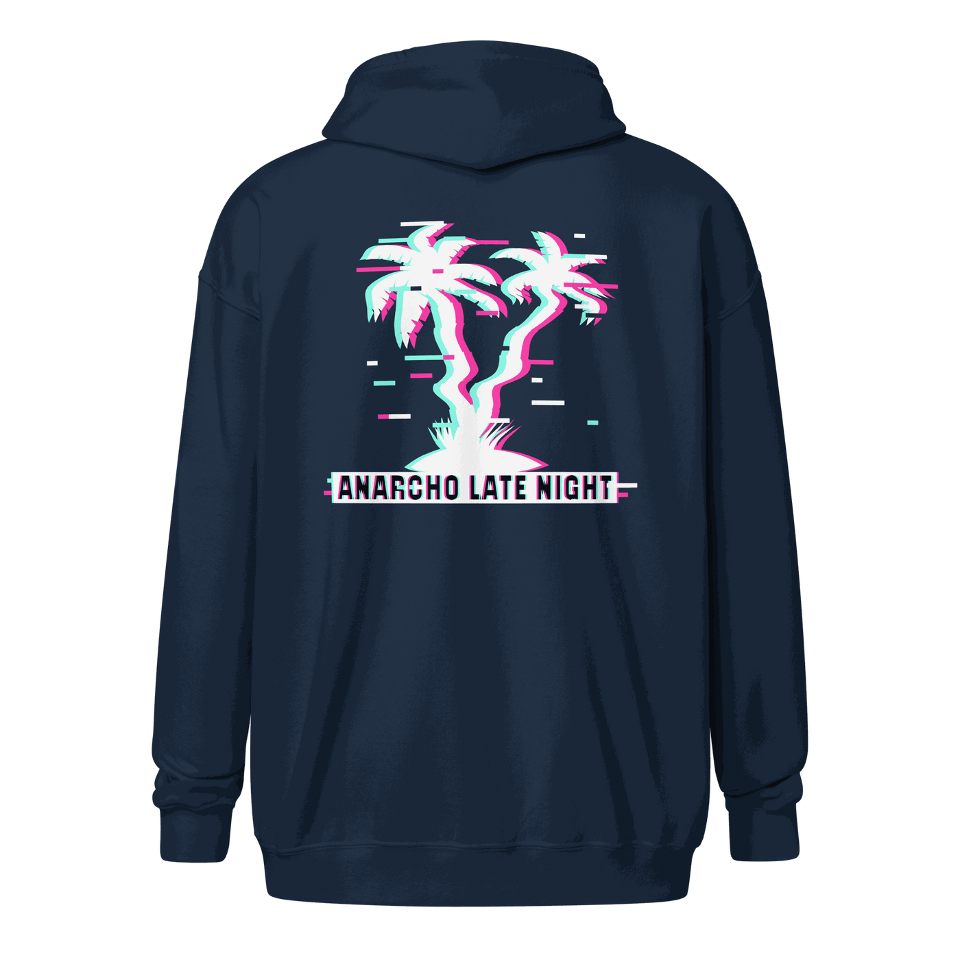 Black Anarcho Late Night hoodie with matrix glitch design and metal zipper