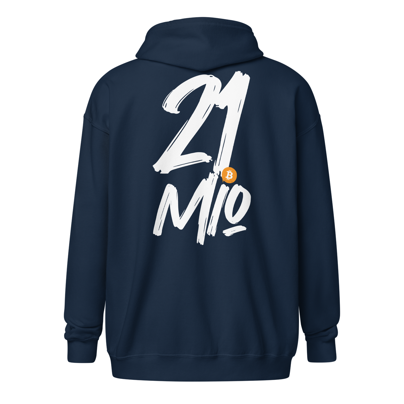 Back view of a navy colored bitcoin zip hoodie.