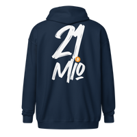 Back view of a navy colored bitcoin zip hoodie.