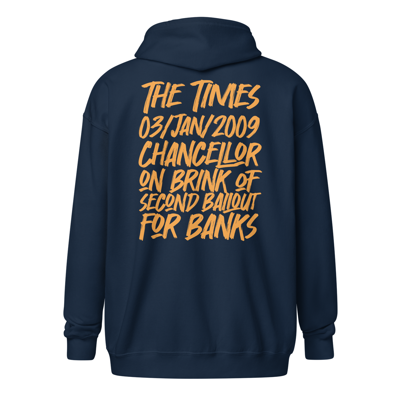 Back view of a navy colored bitcoin zip hoodie.