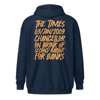 Back view of a navy colored bitcoin zip hoodie.