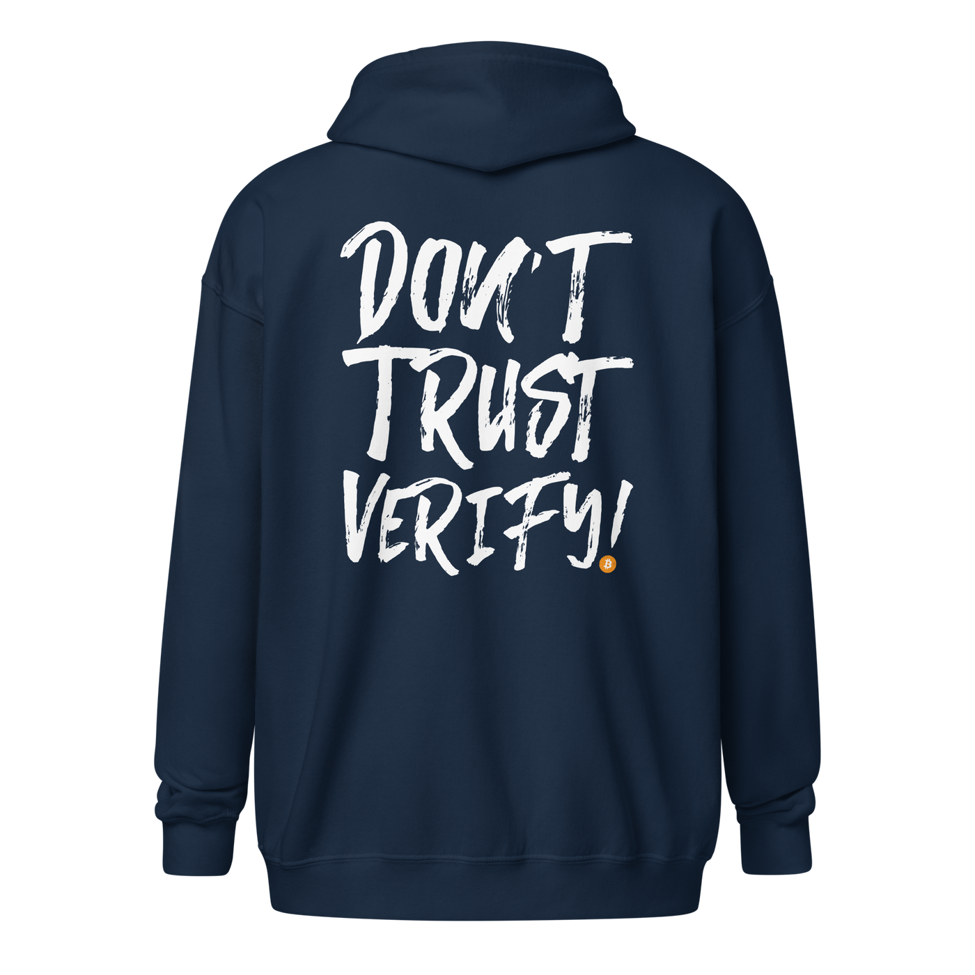 Don’t Trust Verify Bitcoin zip hoodie with bold graphic, cozy fabric, and unisex fit for Bitcoin enthusiasts