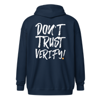Don’t Trust Verify Bitcoin zip hoodie with bold graphic, cozy fabric, and unisex fit for Bitcoin enthusiasts