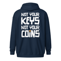 Black zip-up Bitcoin hoodie with "Not Your Keys, Not Your Coins" text promoting crypto security and self-custody