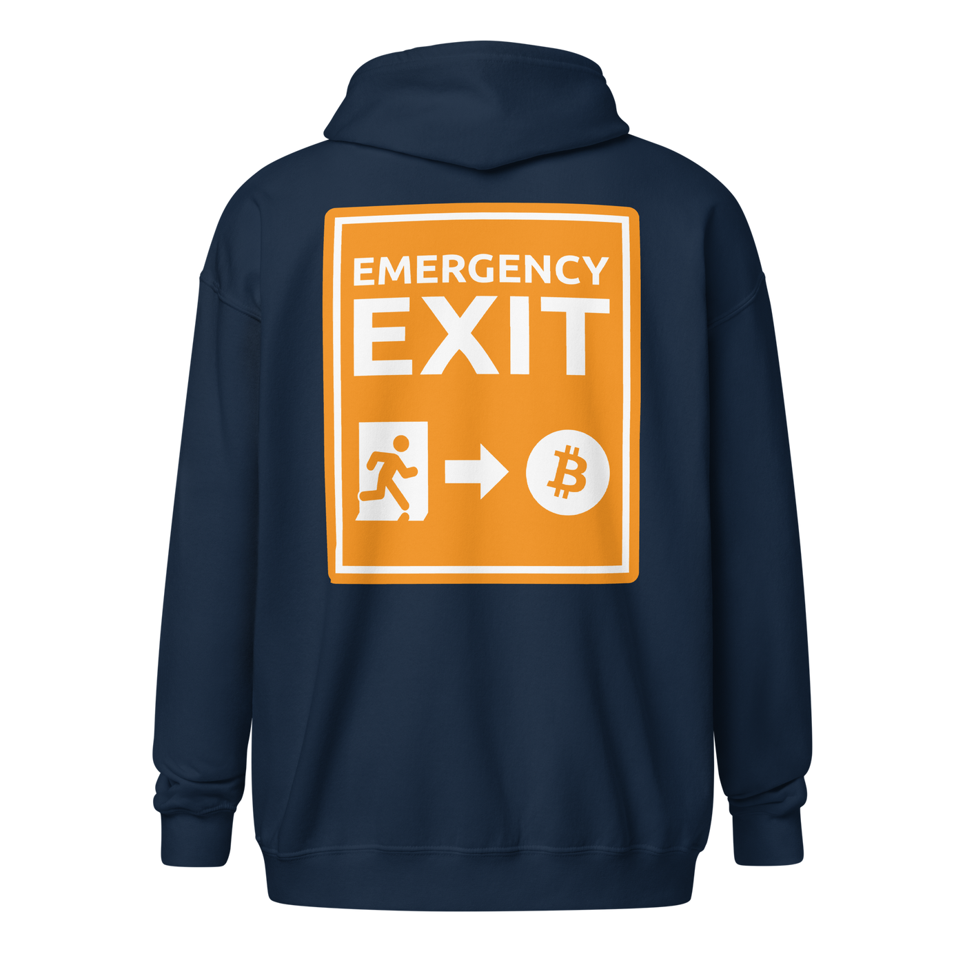 Emergency Exit Bitcoin zip hoodie promoting fairer future