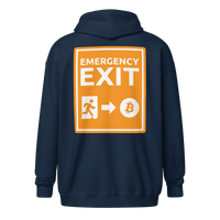 Emergency Exit Bitcoin zip hoodie promoting fairer future