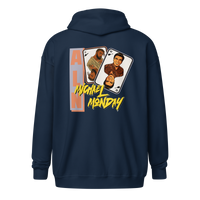 Michael Monday anarcho late night heavy blend zip hoodie in Navy, back view.